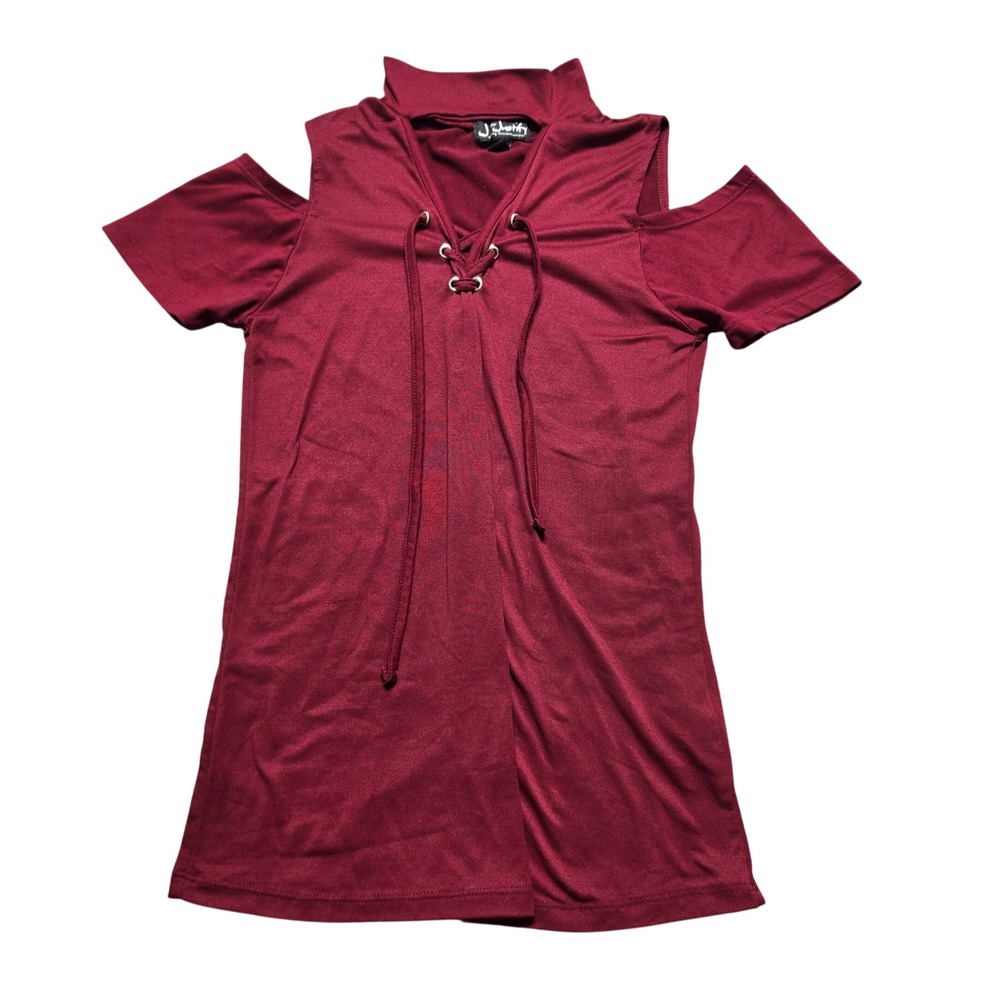 J for Justify Cold Shoulder Top Women Small Burgundy Excellent Lace Up Mock Neck